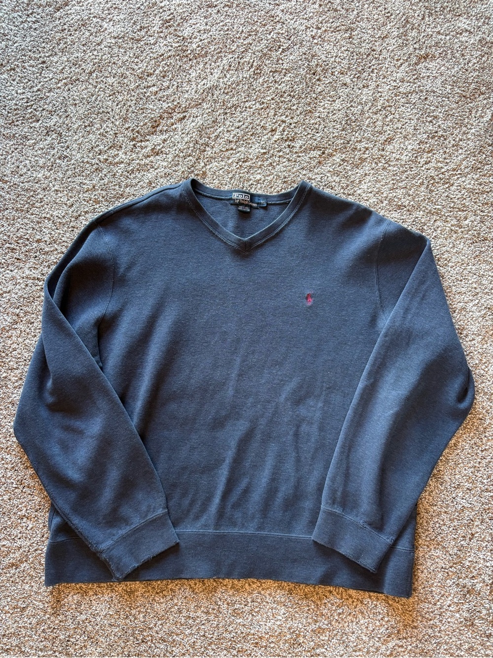 Ralph Lauren Men's Dark Blue V-Neck Sweater with Purple Polo Logo